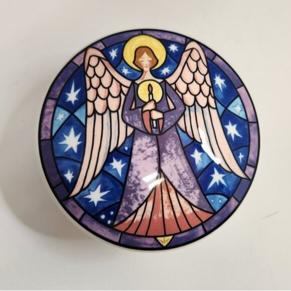 Mikasa 5" Round Angel Porcelain Covered Trinket Jewelry Box HK 501 Christmas 90s - Picture 8 of 8